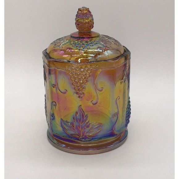 Indiana Glass Other - Indiana Glass Amber Biscuit Candy Covered Jar Iridescent Grapes Leaves Harvest
